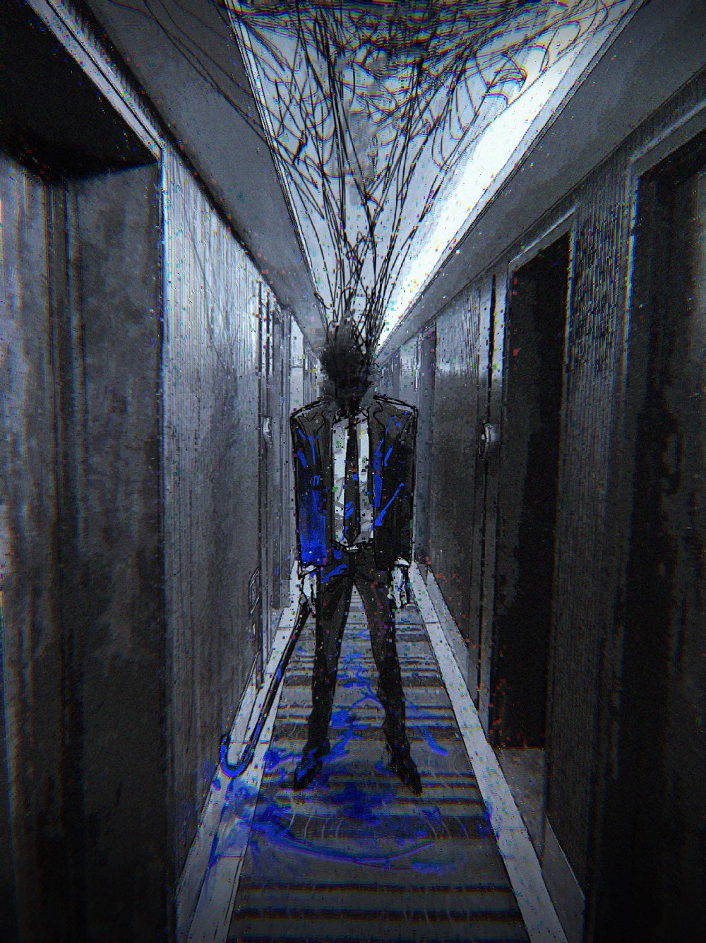 1boy, formal_clothes, hallway, headless, highres, horror_(theme), lead_pipe, necktie, original, revol4357, standing, suit