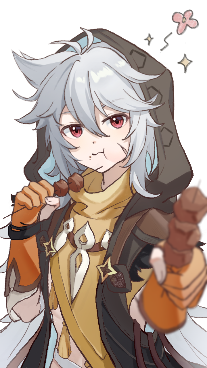 1boy, :t, antenna_hair, black_coat, brown_gloves, coat, deardraco, facial_scar