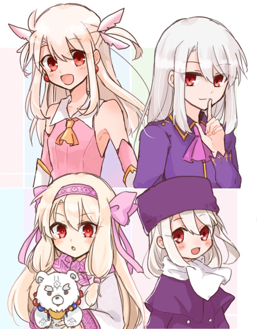 4girls, :d, :o, ainu_clothes, ascot, bare_shoulders, blonde_hair, blush, bow, coat, collared_shirt, commentary_request, detached_sleeves, dot_nose, elbow_gloves, fate/grand_order, fate/kaleid_liner_prisma_illya, fate/stay_night, fate_(series), finger_to_mouth, fur_hat, gloves, hair_between_eyes, hair_ornament, hairband, hat, highres, holding, illyasviel_von_einzbern, long_sleeves, looking_at_viewer, magical_girl, multiple_girls, multiple_persona, open_mouth, papakha, pink_ascot, pink_bow, pink_hairband, pink_scarf, pink_shirt, prisma_illya, purple_coat, purple_shirt, saihara, scarf, shirou_(bear)_(fate), shirt, sidelocks, simple_background, sitonai_(fate), smile, smug, stuffed_animal, stuffed_toy, teddy_bear, upper_body, white_hair, white_scarf, yellow_ascot