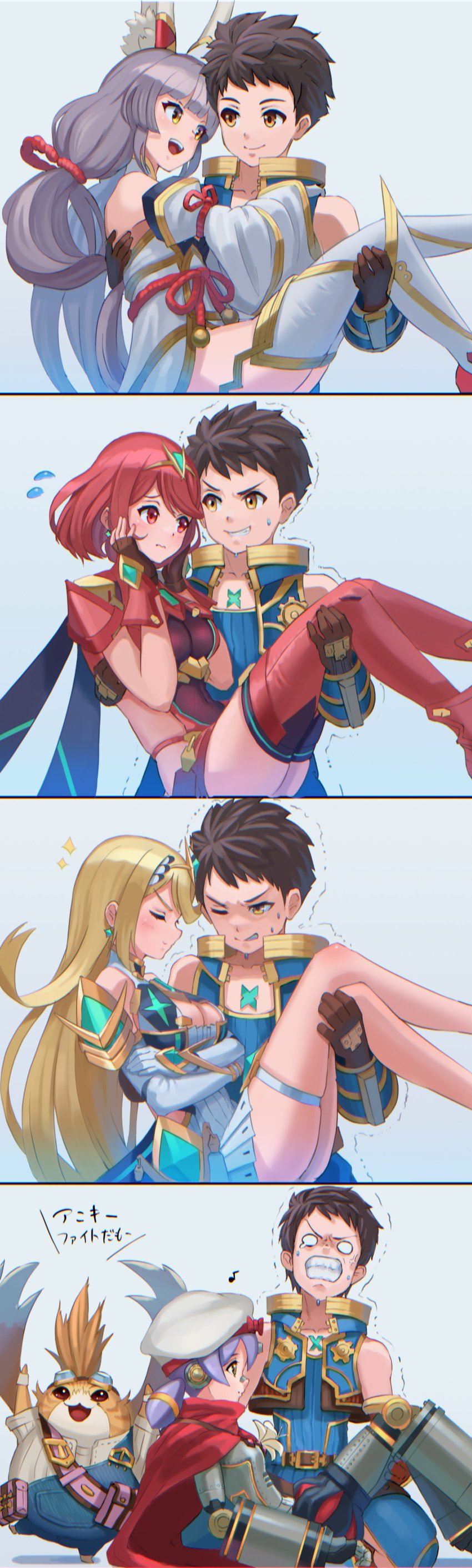2boys, 4girls, absurdres, beret, breasts, brown_hair, carrying, chest_jewel, cleavage, flying_sweatdrops, hat, heavy, highres, kneeling, long_hair, looking_at_another, matching_hair/eyes, multiple_boys, multiple_girls, mythra_(xenoblade), nia_(blade)_(xenoblade), nia_(xenoblade), poppi_(xenoblade), poppi_alpha_(xenoblade), princess_carry, pyra_(xenoblade), red_eyes, red_hair, rex_(xenoblade), saburou_(jako), short_hair, smile, spoilers, sweatdrop, tiara, tora_(xenoblade_2), trembling, twintails, veins, xenoblade_chronicles_(series), xenoblade_chronicles_2