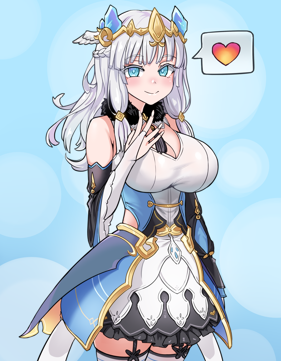 1girl, alternate_breast_size_(larger), aqua_eyes, bare_shoulders, beatrice_(rune_factory), blue_background, blush, breasts, bridal_gauntlets, cleavage, closed_mouth, cowboy_shot, detached_sleeves, dress, frilled_dress, frills, garter_straps, heart, large_breasts, long_hair, looking_at_viewer, rune_factory, rune_factory_5, short_dress, sirachi, smile, solo, spoken_heart, thighhighs, tiara, white_hair, white_thighhighs