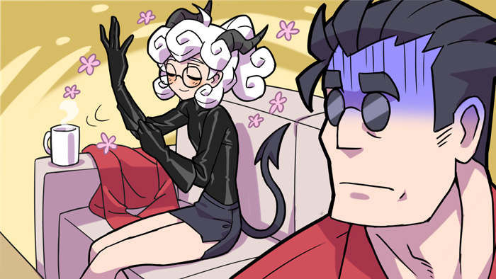1boy, 1girl, blush, coffee_mug, color_drain, couch, cup, demon_girl, demon_horns, demon_tail, dominatrix, elbow_gloves, glasses, gloves, helltaker, helltaker_(character), horns, kyo-hei_(kyouhei), latex, latex_gloves, miniskirt, mug, pandemonica_(helltaker), putting_on_gloves, scared, skirt, smile, sunglasses, tail, turn_pale, you_gonna_get_raped
