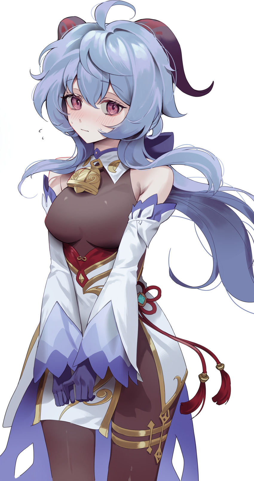 1girl, absurdres, ahoge, bell, blue_gloves, blue_hair, blush, bodysuit