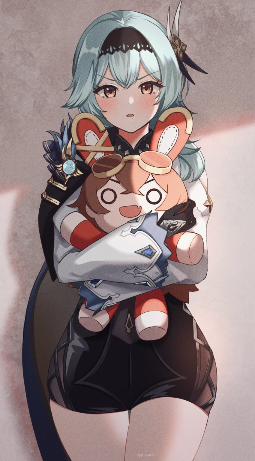 2girls, animal_ears, baron_bunny_(genshin_impact), blue_hair, blush, brown_hair, cowboy_shot, ebipote3