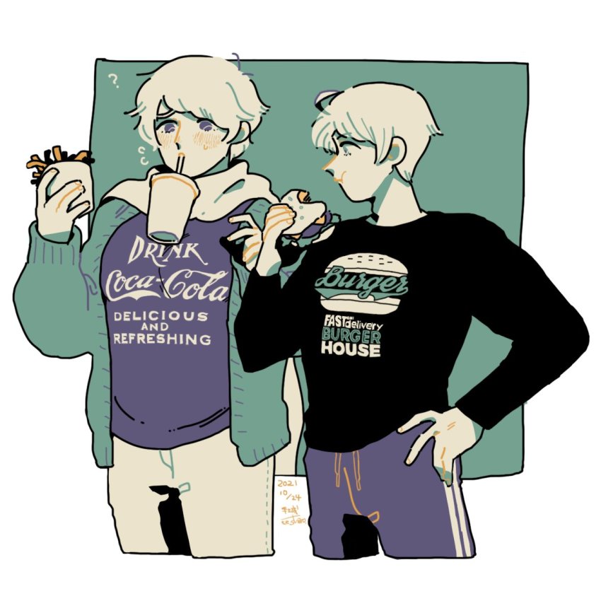 2boys, ?, ahoge, america_(hetalia), aqua_jacket, axis_powers_hetalia, bara, black_shirt, blue_pants, bubble_tea_challenge, burger, clothes_writing, coca-cola, dated, eating, flying_sweatdrops, food, french_fries, hand_on_own_hip, jacket, large_pectorals, limited_palette, looking_at_another, looking_at_pecs, male_focus, multiple_boys, muscular, muscular_male, object_on_pectorals, pants, pectorals, russia_(hetalia), scarf, shirt, short_hair, te_shiro, track_pants