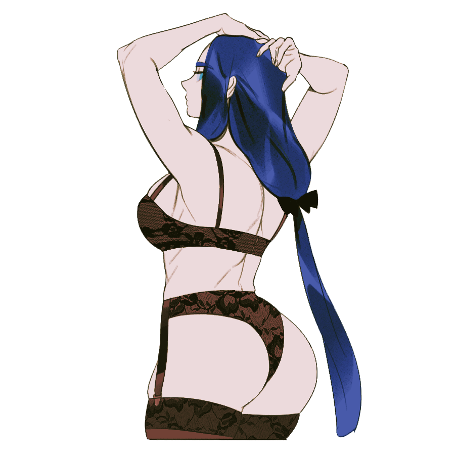 1girl, arms_up, ass, bad_id, bad_poipiku_id, black_bow, blue_eyes, blue_hair