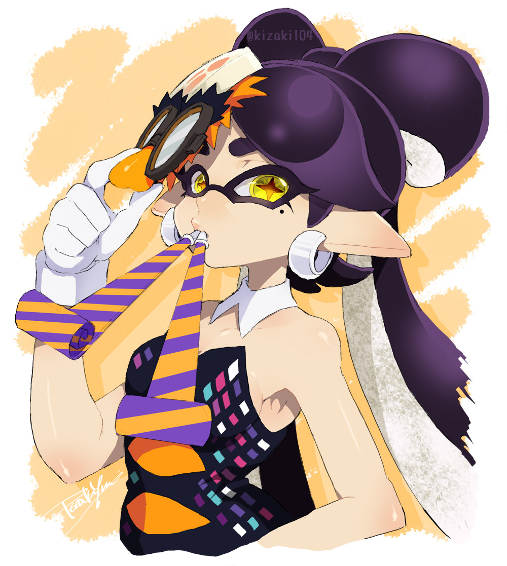 1girl, adjusting_eyewear, breasts, callie_(airhead)_(splatoon), callie_(splatoon), cleavage, cross-shaped_pupils, detached_collar, earrings, food, food_on_head, glasses, gloves, groucho_glasses, hand_up, inkling, isamu-ki_(yuuki), jewelry, long_hair, medium_breasts, mole, mole_under_eye, nintendo, object_on_head, party_horn, pointy_ears, purple_hair, solo, splatoon_(series), splatoon_1, symbol-shaped_pupils, tentacle_hair, twitter_username, upper_body, white_gloves, yellow_eyes