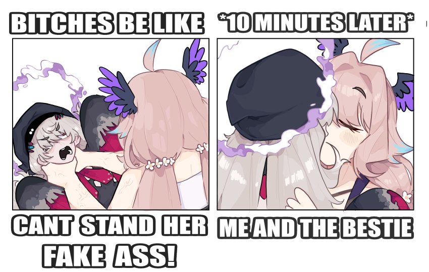 2girls, absurdres, anger_vein, black_dress, black_headwear, braid, chokeposting_(meme), commentary