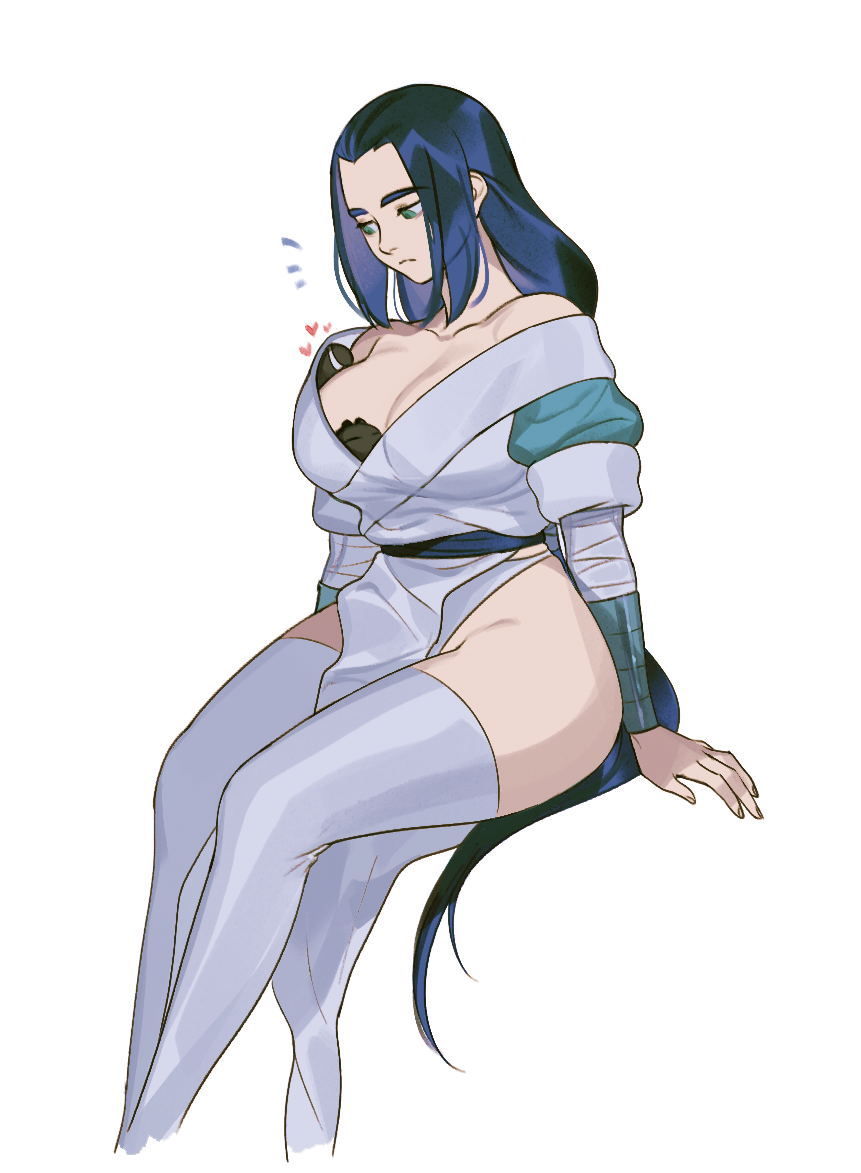 1girl, bad_id, bad_poipiku_id, blue_hair, breasts, cleavage, feet_out_of_frame, genderswap