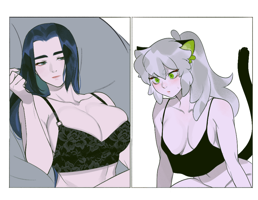 2girls, animal_ears, bad_id, bad_poipiku_id, black_bra, black_camisole, black_tail, blue_eyes