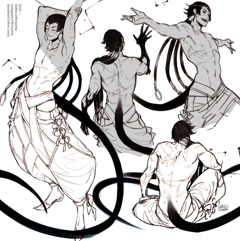 1boy, 24hrscoma, arms_up, artist_name, baggy_pants, black_hair, black_skin, black_tail, bow, closed_eyes, closed_mouth, colored_skin, commentary, dated, earrings, english_commentary, facing_away, full_body, groin, hair_over_shoulder, instagram_username, jewelry, knee_up, lineart, long_hair, lowleg, lowleg_pants, male_focus, multicolored_skin, multiple_views, original, outstretched_arms, pants, patreon_username, pointy_shoes, scar, scar_on_arm, scar_on_face, scar_on_neck, scar_on_nose, scar_on_stomach, shoes, simple_background, sitting, smile, standing, tail, toned, toned_male, topless_male, twitter_username, white_background