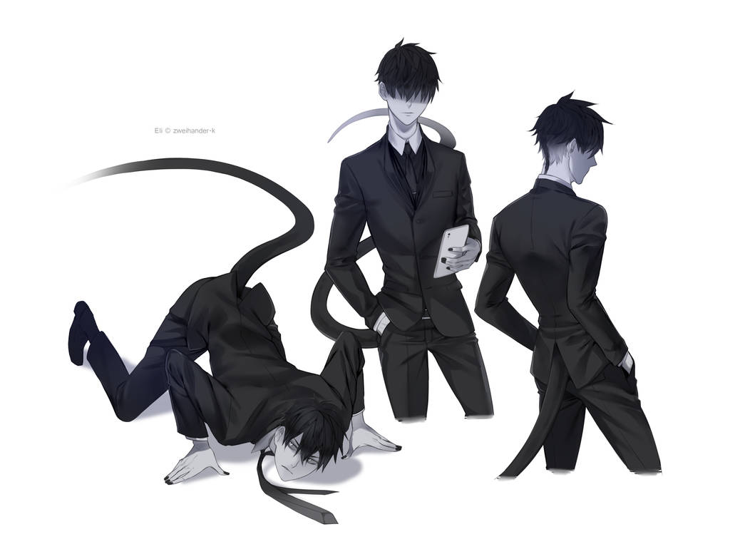 1boy, 24hrscoma, all_fours, artist_name, black_footwear, black_hair, black_nails, black_necktie