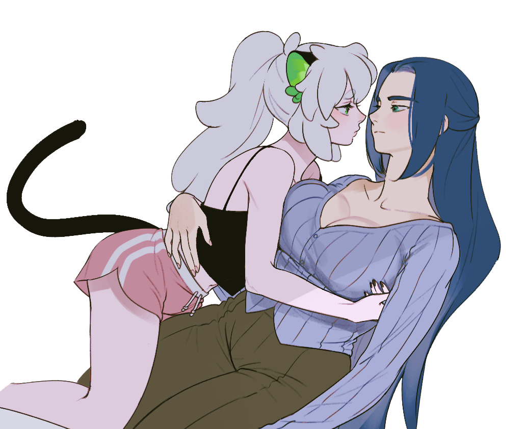 2girls, animal_ears, aqua_eyes, bad_id, bad_poipiku_id, black_camisole, black_nails, black_tail, blue_hair, blue_shirt, breasts, brown_pants, camisole, cat_ears, cat_girl, cat_tail, cleavage, feet_out_of_frame, genderswap, genderswap_(mtf), green_eyes, hug, large_breasts, long_hair, long_sleeves, luo_xiaohei, mandudaein, midriff, multiple_girls, nail_polish, navel, pants, pink_shorts, ponytail, profile, shirt, shorts, simple_background, tail, luo_xiaohei_zhanji, very_long_hair, white_background, white_hair, wuxian_(the_legend_of_luo_xiaohei), yuri