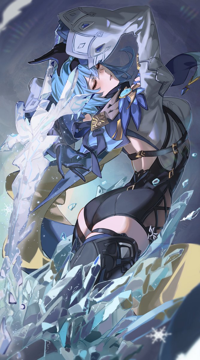 1girl, arms_up, ass, back_cutout, black_hairband, blue_cape, blue_hair, blue_necktie, bodystocking, boots, cape, closed_eyes, clothing_cutout, eula_(genshin_impact), frilled_sleeves, frills, genshin_impact, gloves, greatsword, hairband, high-waist_shorts, highres, ice, ki_(kai_oekakikun), medium_hair, multicolored_cape, necktie, parted_lips, shorts, sword, thigh_boots, thighs, vision_(genshin_impact), weapon, white_sleeves, wide_sleeves