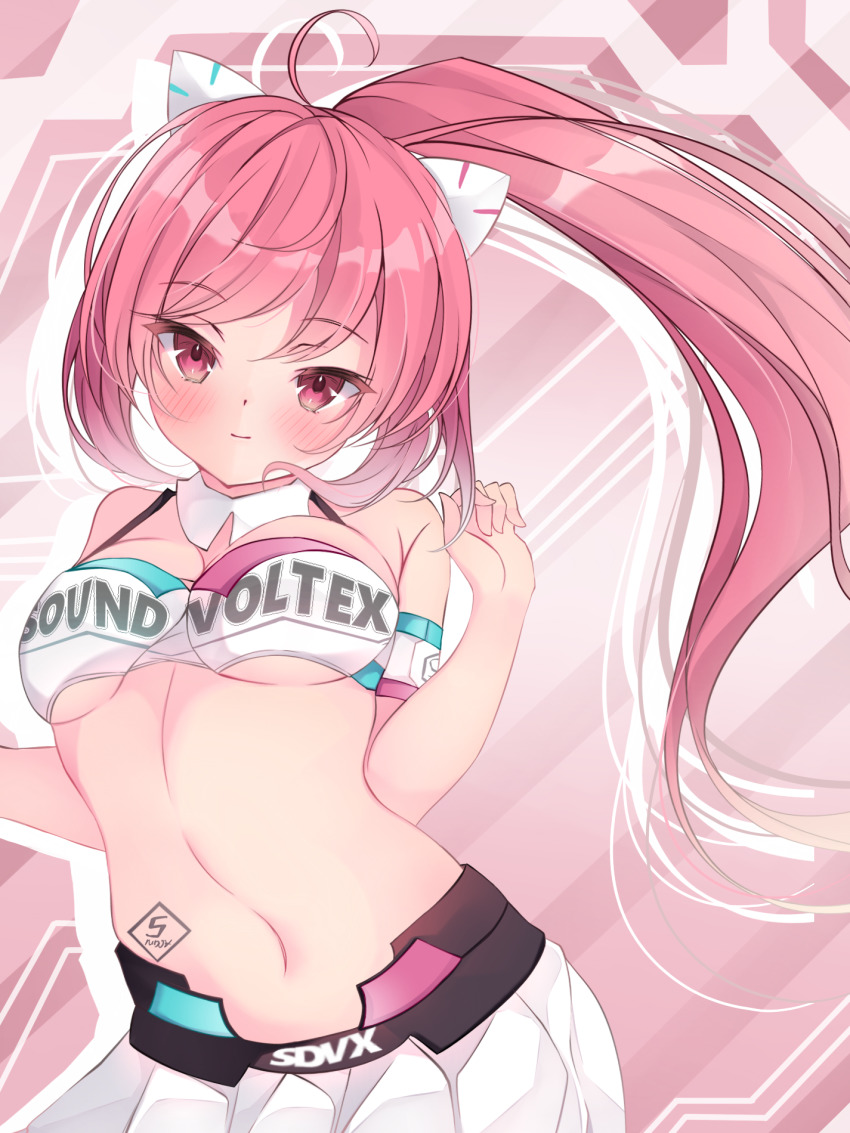 1girl, ahoge, bemani, blush, breasts, clothes_writing, collar, detached_collar, floor_anthem, highres, large_breasts, looking_at_viewer, merun_(merun_i), midriff, miniskirt, navel, pink_eyes, pink_hair, ponytail, rasis, skirt, smile, sound_voltex, sound_voltex_ii_infinite_infection, white_collar, white_skirt