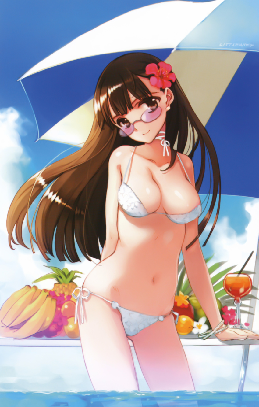 1girl, absurdres, banana, bikini, bracelet, breasts, brown_eyes, brown_hair, drink, female_focus, flower, food, fruit, glasses, hair_flower, hair_ornament, highres, jewelry, kousaka_hatsumi, large_breasts, littlewitch, long_hair, navel, ooyari_ashito, orange_(fruit), period, period_sweet_drops, pineapple, side-tie_bikini_bottom, solo, string_bikini, sunglasses, swimsuit, umbrella, wading, water, white_bikini