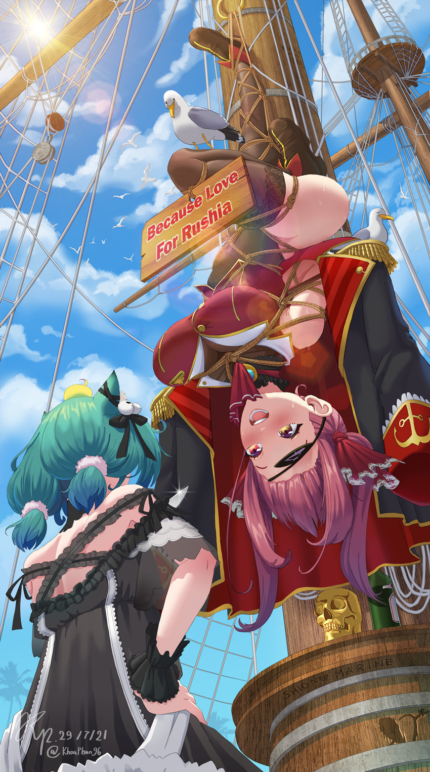 2girls, animal_ears, beer_bottle, bird, black_coat, black_dress, black_leotard, blue_sky, breasts, cat_ears, cat_girl, cloud, coat, commentary, dated, dress, english_commentary, epaulettes, eyepatch, ghost_hair_ornament, green_hair, hair_ornament, hand_on_own_hip, heterochromia, highres, hololive, houshou_marine, khoaphan96, knife, large_breasts, lens_flare, leotard, multiple_girls, no_pants, open_mouth, palm_tree, piyoko_(uruha_rushia), red_eyes, red_hair, seagull, shibari, shibari_over_clothes, ship, sign, signature, sky, smile, sweat, tarot, the_hanged_man_(tarot), thighhighs, tree, twintails, twitter_username, upside-down, uruha_rushia, virtual_youtuber, watercraft, wrist_cuffs, yellow_eyes