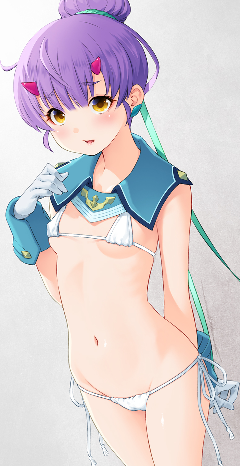 1girl, bikini, blush, breasts, covered_erect_nipples, fiona_(xenoblade), gloves, hair_bun, highres, horns, kazuma_muramasa, looking_at_viewer, micro_bikini, navel, open_mouth, purple_hair, red_horns, sailor_collar, small_breasts, solo, standing, swimsuit, white_bikini, white_gloves, wrist_cuffs, xenoblade_chronicles_(series), xenoblade_chronicles_3, yellow_eyes