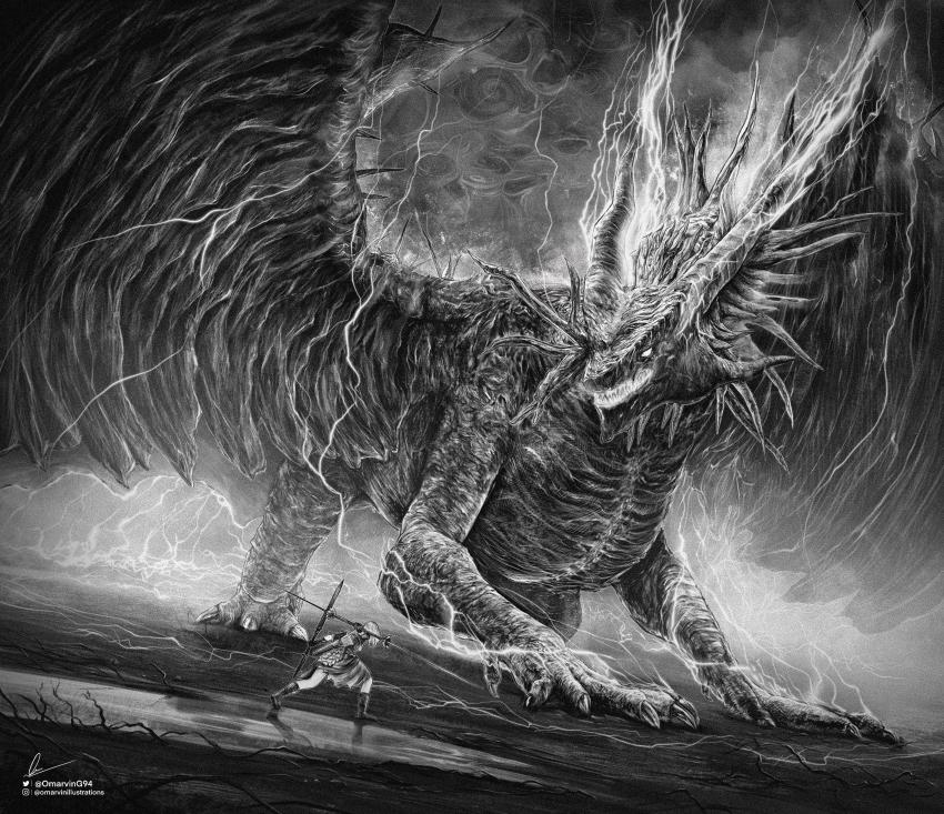 1girl, absurdres, arrow_(projectile), boots, double_blade, dragon, dual_wielding, elden_ring