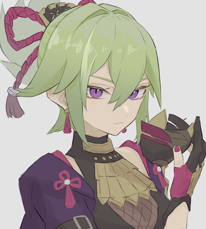 1girl, black_gloves, breasts, closed_mouth, earrings, genshin_impact, gloves, green_hair, grey_background, hair_between_eyes, highres, holding, holding_mask, japanese_clothes, jewelry, kuki_shinobu, looking_at_viewer, mask, mouth_mask, nail_polish, nium_404, partially_fingerless_gloves, ponytail, purple_eyes, rope, simple_background, solo, tassel, upper_body