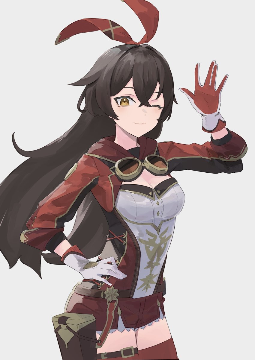 1girl, absurdres, amber_(100%_outrider)_(genshin_impact), amber_(genshin_impact), breasts, cleavage, commentary, crossed_bangs