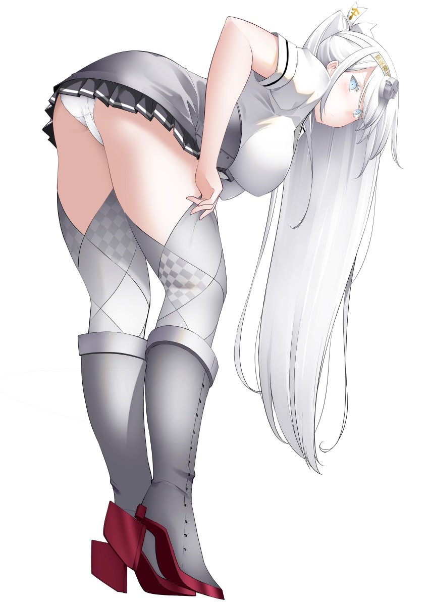 1girl, ass, commentary_request, from_behind, fuyutsuki_(kancolle), grey_eyes, grey_neckerchief, hachimaki