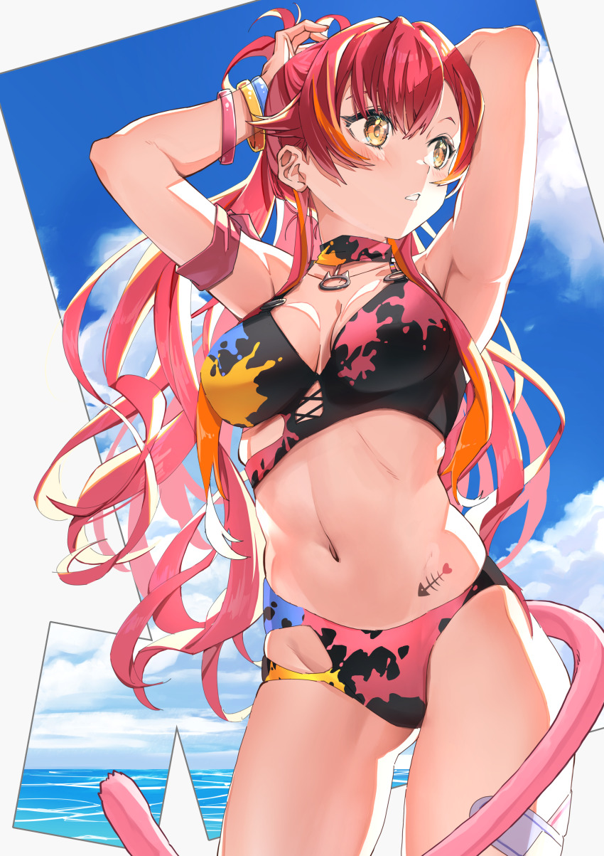 1girl, :o, absurdres, armband, armpits, arms_behind_head, bangle, bikini, black_bikini, bracelet, breasts, cat_tail, choker, day, fish_skeleton, gluteal_fold, highres, jewelry, large_breasts, long_hair, looking_to_the_side, multicolored_bikini, multicolored_hair, nekota_tsuna, ocean, orange_eyes, orange_hair, outdoors, paint_splatter, red_bikini, red_hair, ruo19, sky, solo, stomach, stomach_tattoo, streaked_hair, swimsuit, tail, tattoo, tying_hair, very_long_hair, virtual_youtuber, vspo!