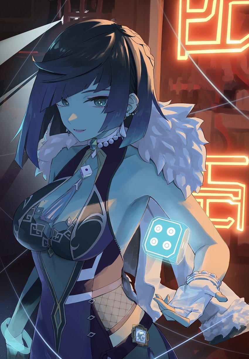 1girl, absurdres, asymmetrical_gloves, beads, black_hair, blue_hair, breasts, diagonal_bangs