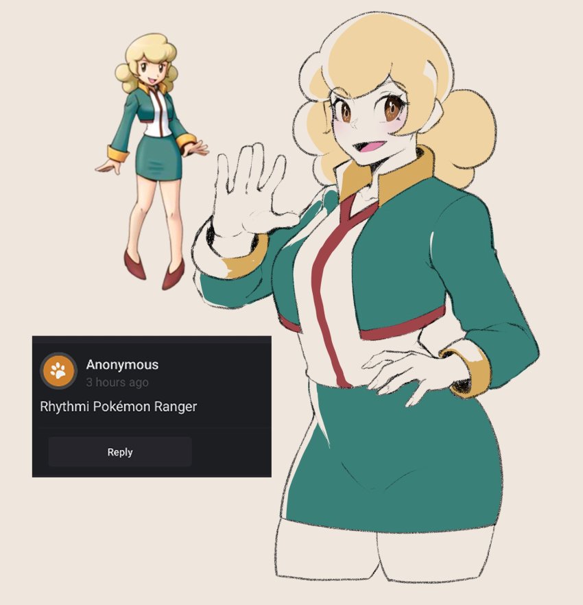 1girl, :d, blonde_hair, blush, brown_eyes, commentary_request, cropped_legs, green_jacket, green_skirt, hand_on_own_hip, hand_up, highres, jacket, long_sleeves, looking_at_viewer, miniskirt, multiple_views, nintendo, nyantcha, open_mouth, pokemon, pokemon_ranger:_shadows_of_almia, pokemon_ranger_(series), rhythmi_(pokemon), skirt, smile