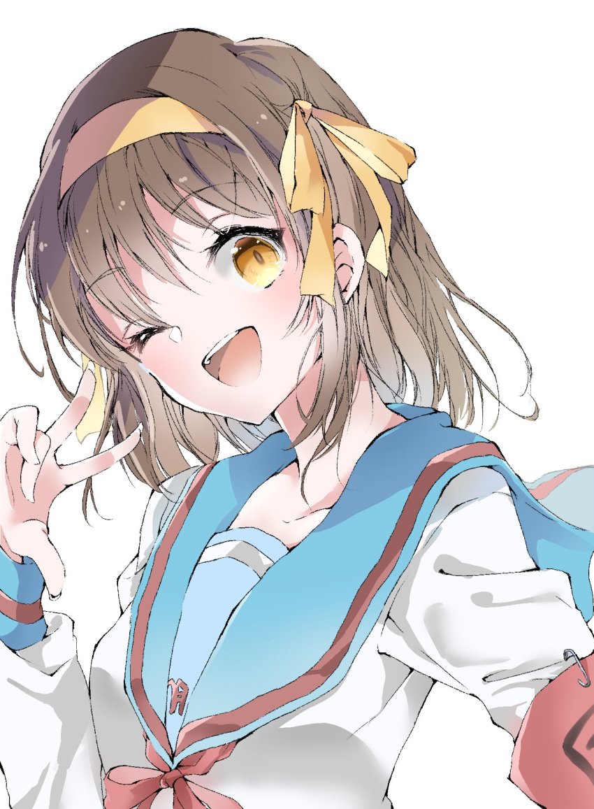 1girl, ;d, airi_(curereika), armband, blue_sailor_collar, brown_eyes, brown_hair, collarbone