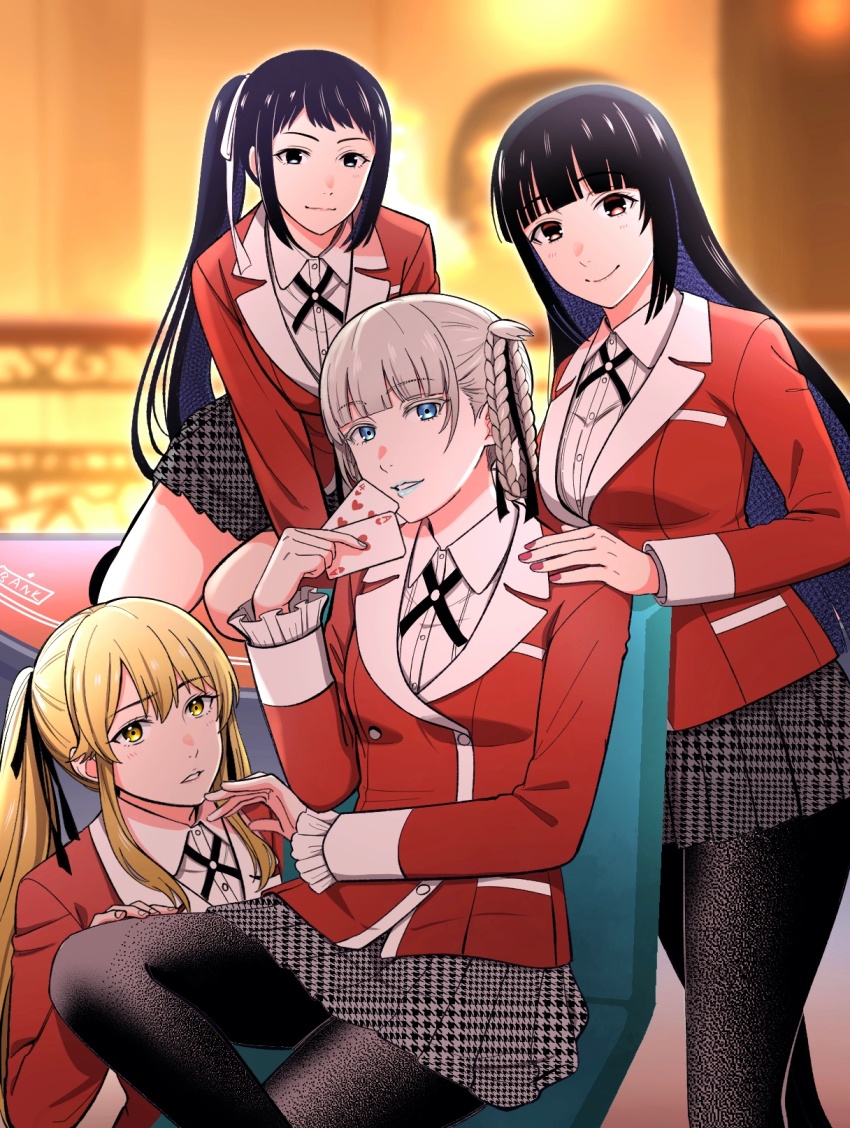 4girls, black_hair, blonde_hair, blue_lips, blue_nails, braid, braided_hair_rings, collared_shirt, hair_rings, hand_on_another's_thigh, highres, hyakkaou_academy_school_uniform, igarashi_sayaka, jabami_yumeko, jacket, kakegurui, kanbayashi_makoto, momobami_kirari, multiple_girls, nail_polish, pantyhose, ponytail, red_jacket, saotome_mary, school_uniform, shirt, skirt, smile