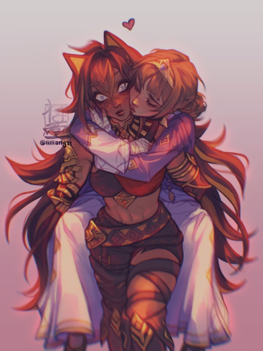2girls, animal_ears, blush, carrying, dehya_(genshin_impact), dunyarzad_(genshin_impact), genshin_impact, heart, highres, kiss, kissing_cheek, lilliangst, long_hair, midriff, multiple_girls, pants, piggyback, surprise_kiss, surprised, white_pants, yuri