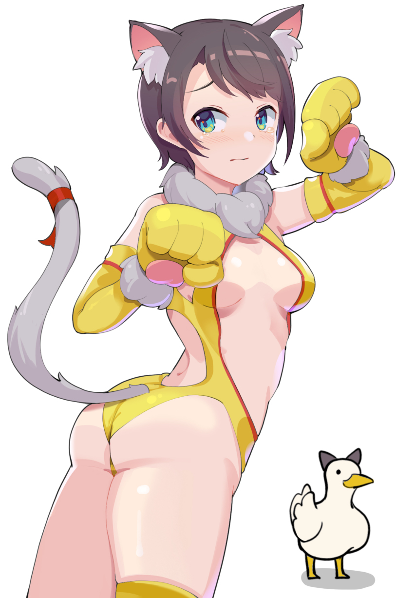 1girl, animal_ear_fluff, animal_ears, animal_hands, aqua_eyes, ass, bare_shoulders, breasts