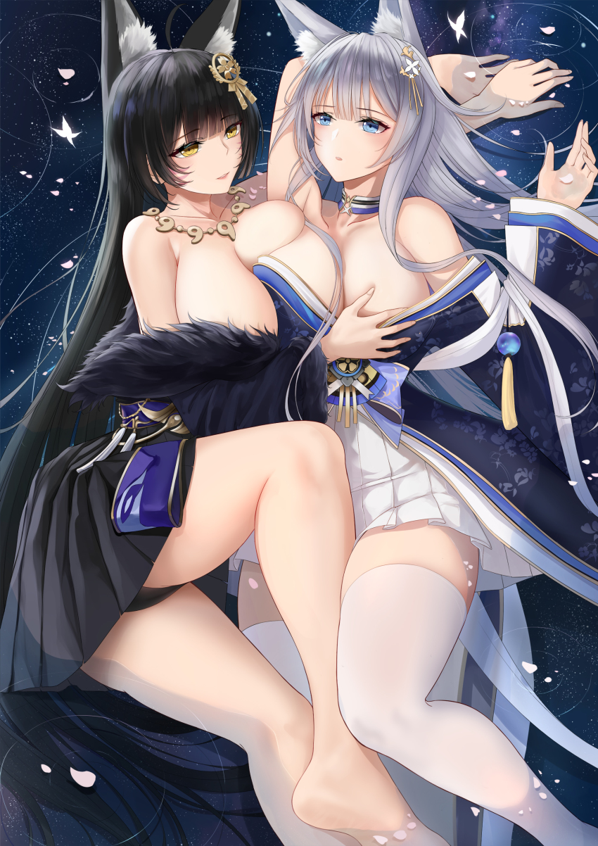 absurdres, animal_ear_fluff, animal_ears, asymmetrical_docking, azur_lane, black_hair, black_kimono, blue_butterfly