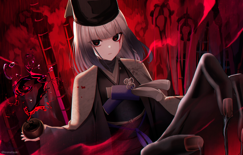 1girl, black_eyes, blood, bloody_tears, cup, darkness, disembodied_hand, fate/grand_order