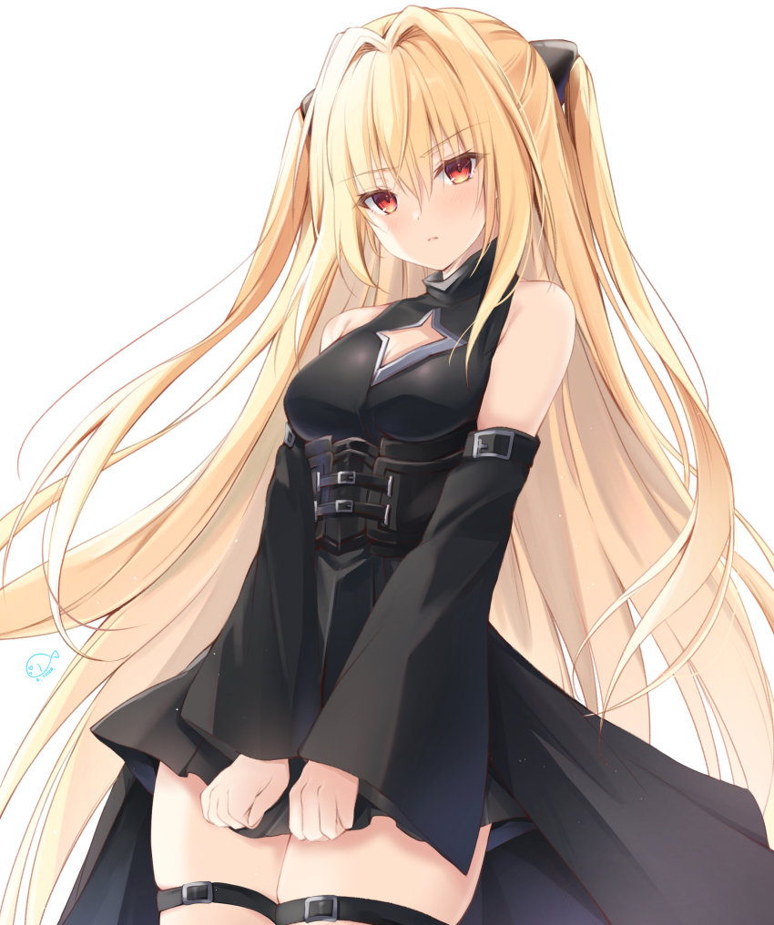 1girl, absurdres, bare_shoulders, black_dress, blonde_hair, blush, braid, breasts