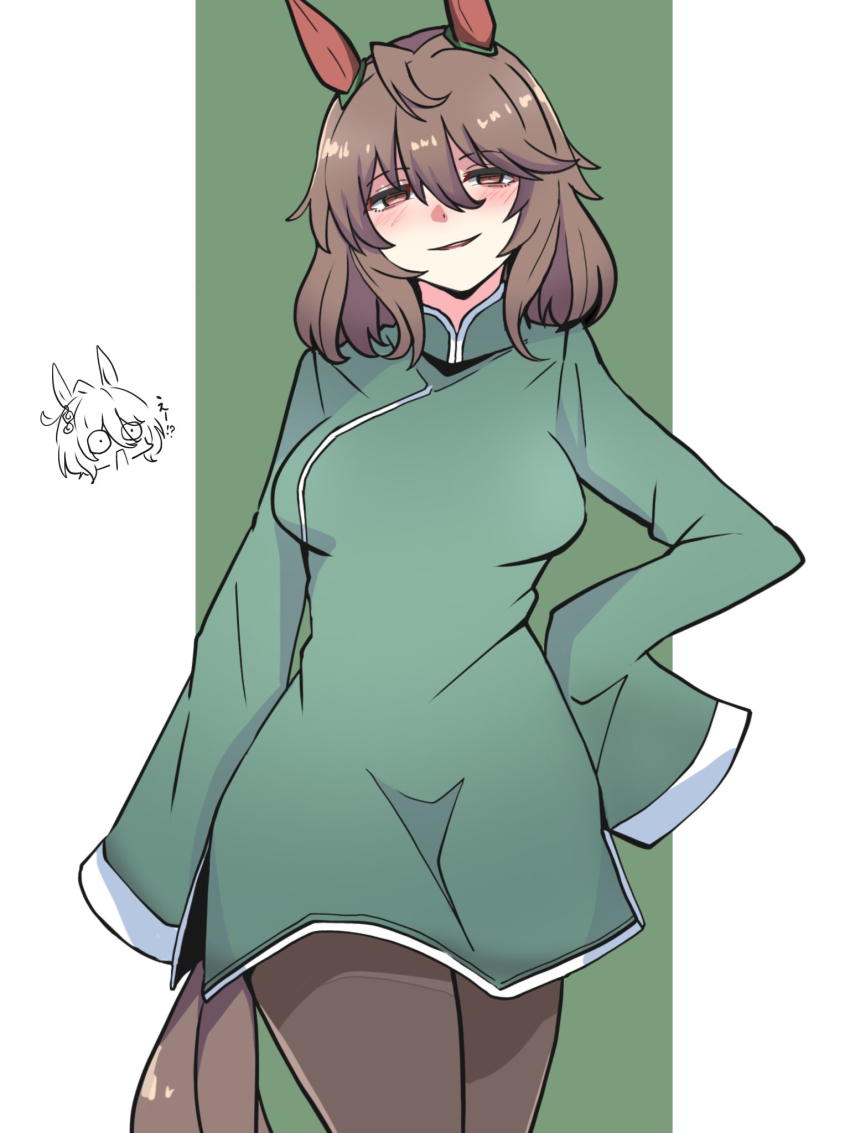 2girls, agnes_lady_(racehorse), agnes_tachyon_(umamusume), ahoge, animal_ears, brown_eyes, brown_hair, brown_pantyhose, china_dress, chinese_clothes, commentary_request, dress, ear_ornament, green_background, green_dress, hair_between_eyes, highres, horse_ears, horse_girl, horse_tail, kawamochi_(kawauti919), long_sleeves, looking_at_viewer, medium_hair, multiple_girls, original, outside_border, pantyhose, personification, sidelocks, sketch, sleeves_past_fingers, sleeves_past_wrists, solo_focus, tail, translated, umamusume