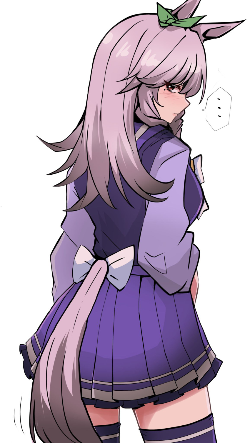 ..., 1girl, blush, bow, bowtie, clothing_cutout, cowboy_shot, ear_bow, frilled_skirt, frills, from_behind, green_bow, highres, horse_girl, kawamochi_(kawauti919), long_hair, long_sleeves, looking_at_viewer, looking_back, mejiro_family_matriarch, mole, mole_under_eye, motion_lines, original, pleated_skirt, purple_hair, purple_sailor_collar, purple_shirt, purple_skirt, purple_thighhighs, red_eyes, sailor_collar, sailor_shirt, school_uniform, shirt, simple_background, skirt, solo, speech_bubble, spoken_ellipsis, tail, tail_bow, tail_ornament, tail_through_clothes, thighhighs, tracen_school_uniform, turning_head, umamusume, white_background, white_bow, white_bowtie, winter_uniform, zettai_ryouiki