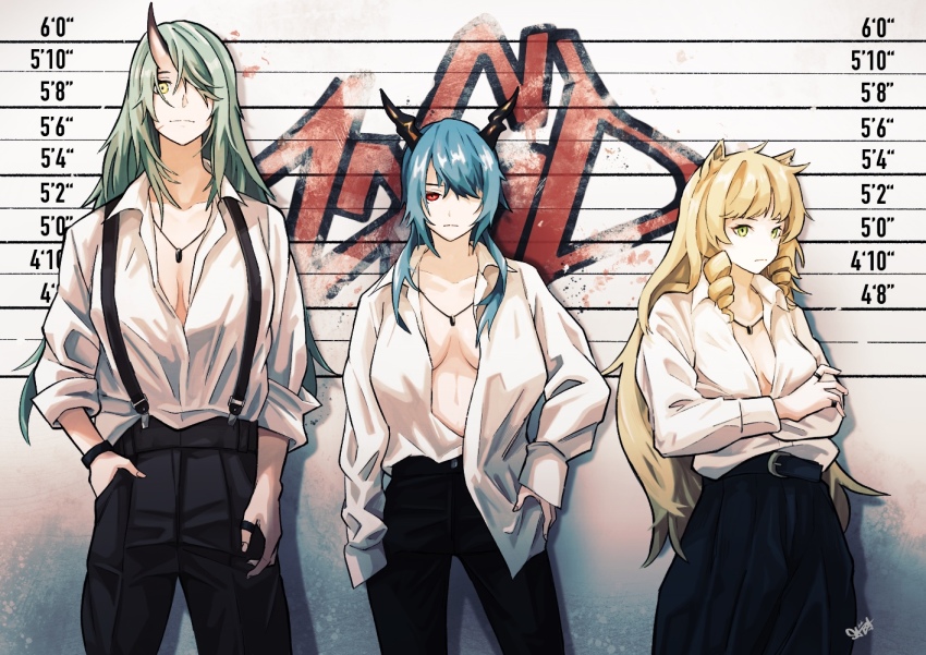 1girl, 3girls, ahoge, animal_ears, arknights, black_pants, black_skirt, blonde_hair