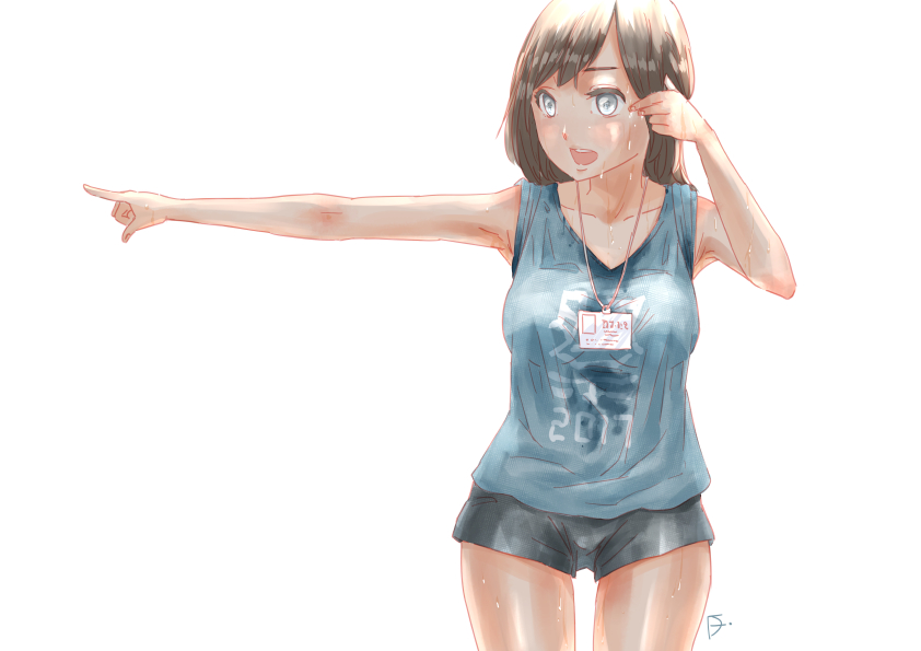 1girl, arm_up, backlighting, breasts, brown_hair, check_commentary, collarbone, commentary