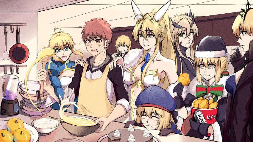 1254843053, 1boy, 6+girls, animal_ears, apple, apron, artoria_caster_(fate), artoria_caster_(second_ascension)_(fate), artoria_pendragon_(fate), artoria_pendragon_(lancer)_(fate), artoria_pendragon_(lancer_alter)_(fate), artoria_pendragon_(swimsuit_ruler)_(fate), artoria_pendragon_(swimsuit_ruler)_(first_ascension)_(fate), beret, black_bow, black_gloves, black_headwear, black_jacket, blender_(object), blonde_hair, blue_dress, blue_headwear, blush, bow, breasts, cake, chicken_(food), chicken_leg, closed_eyes, closed_mouth, cooking, crown, dress, eating, emiya_shirou, fate/grand_order, fate/stay_night, fate/zero, fate_(series), food, fruit, fur, fur_trim, gloves, green_eyes, hair_between_eyes, hair_bow, hat, highres, holding, house, jacket, kitchen, large_breasts, long_dress, long_hair, multicolored_bow, multiple_girls, necktie, open_mouth, orange_eyes, orange_hair, rabbit_ears, red_bow, red_eyes, saber_(fate), saber_alter, saber_alter_(swimsuit_rider)_(third_ascension), santa_alter, short_hair, sitting, small_breasts, smile, swimsuit, table, tableware, teeth, white_fur, yellow_apron