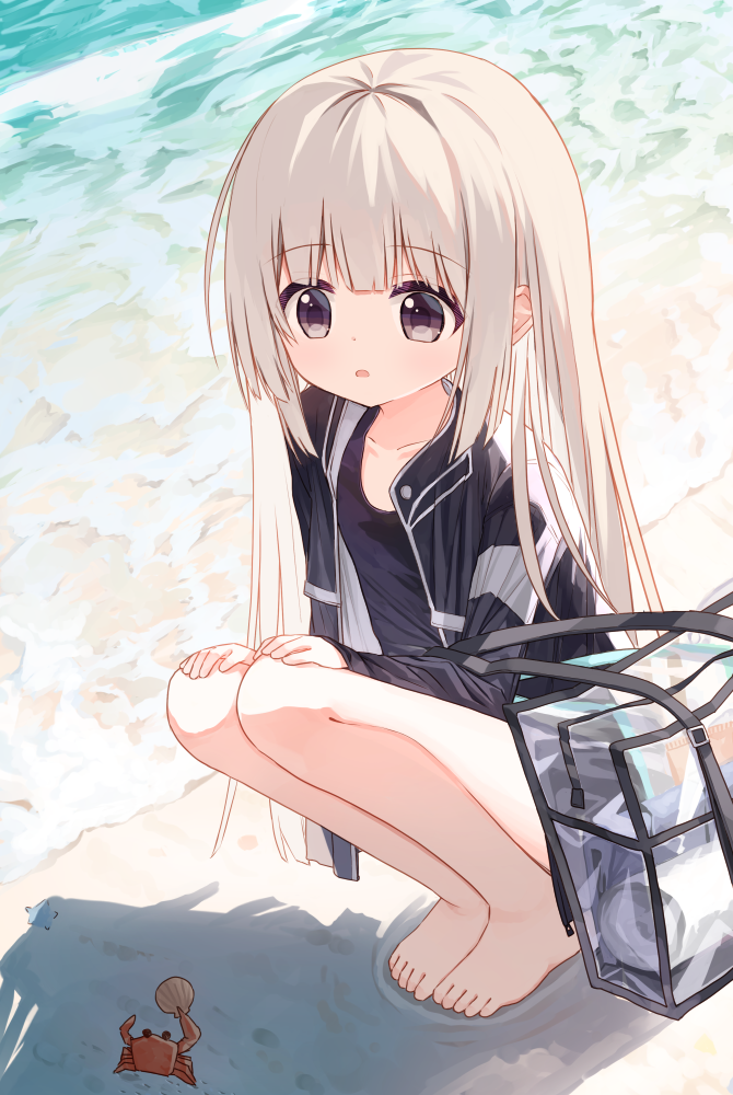 1girl, animal, bag, barefoot, beach, black_jacket, black_one-piece_swimsuit, brown_eyes