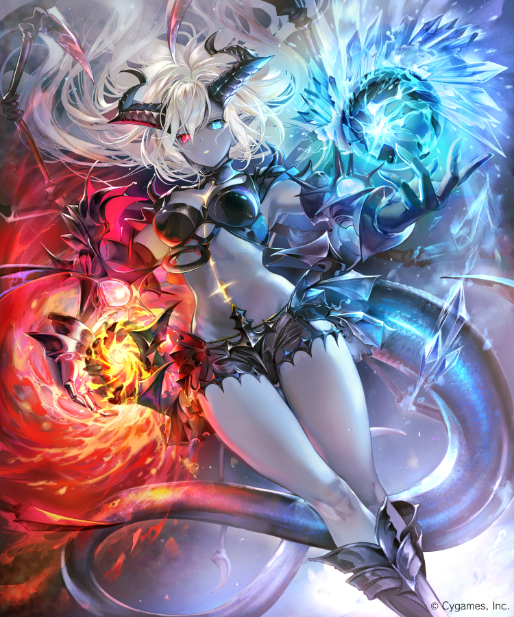 1girl, armor, blue_eyes, boots, colored_skin, demon_girl, demon_horns, flame_=_glass