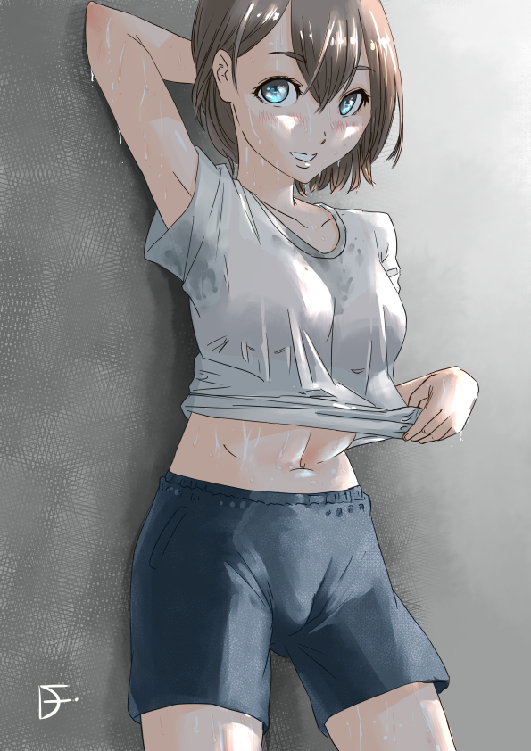 1girl, abs, against_wall, arm_behind_head, arm_up, blue_eyes, blush, breasts
