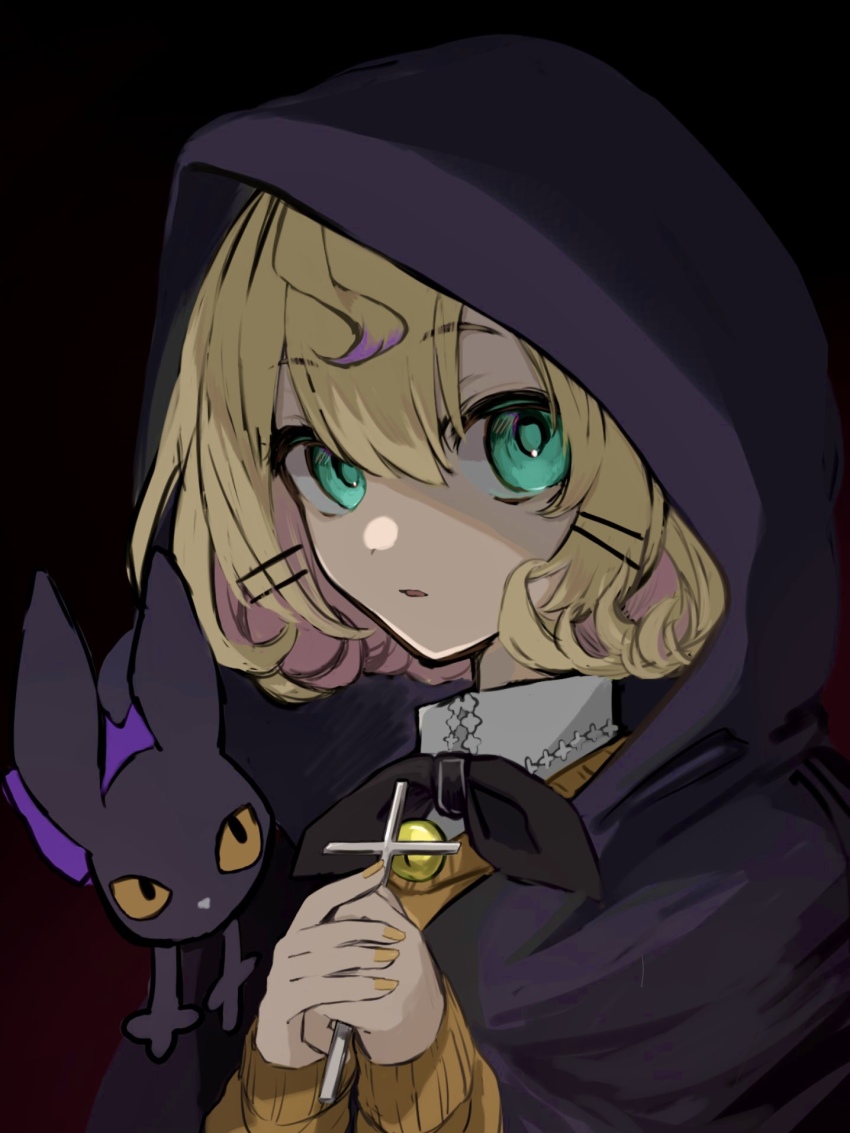 1girl, black_cat, black_cloak, cat, cloak, colored_inner_hair, cross, crucifix