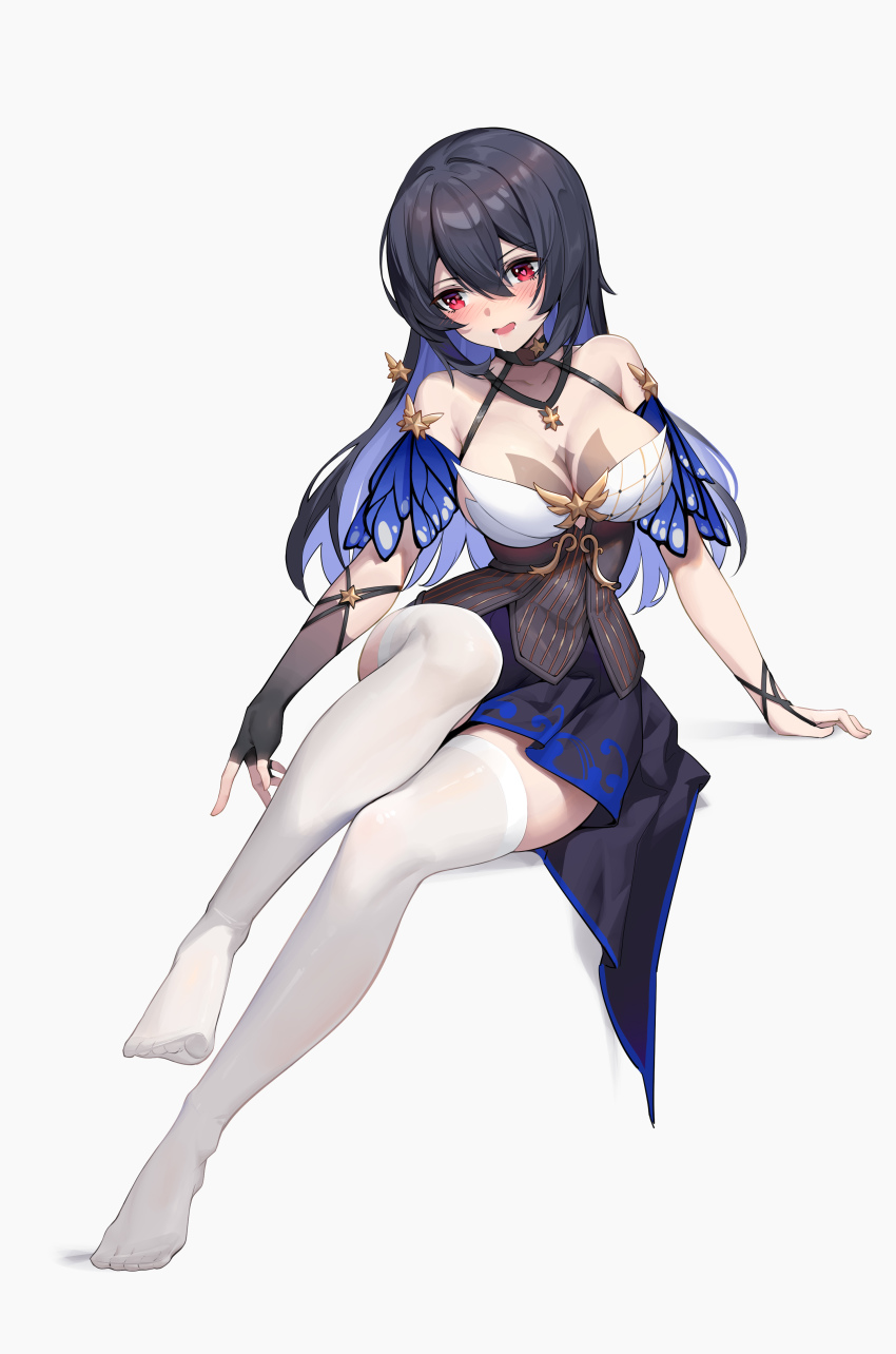1girl, :d, absurdres, arm_support, bare_shoulders, black_dress, black_gloves, black_hair, blue_hair, blush, breasts, cleavage, colored_inner_hair, dress, drooling, fingerless_gloves, full_body, gloves, hair_between_eyes, halter_dress, halterneck, highres, honkai_(series), honkai_impact_3rd, large_breasts, leg_up, legs, long_hair, multicolored_hair, no_shoes, on_floor, open_mouth, pointing, red_eyes, ribbon, saliva, seele_(alter_ego), seele_vollerei, seele_vollerei_(magic_girl_seele), seele_vollerei_(starchasm_nyx), shenqi_xiao_hong_zai_nali, short_dress, short_sleeves, sidelocks, single_glove, sitting, smile, solo, star_(symbol), thighhighs, white_background, white_thighhighs, wrist_ribbon