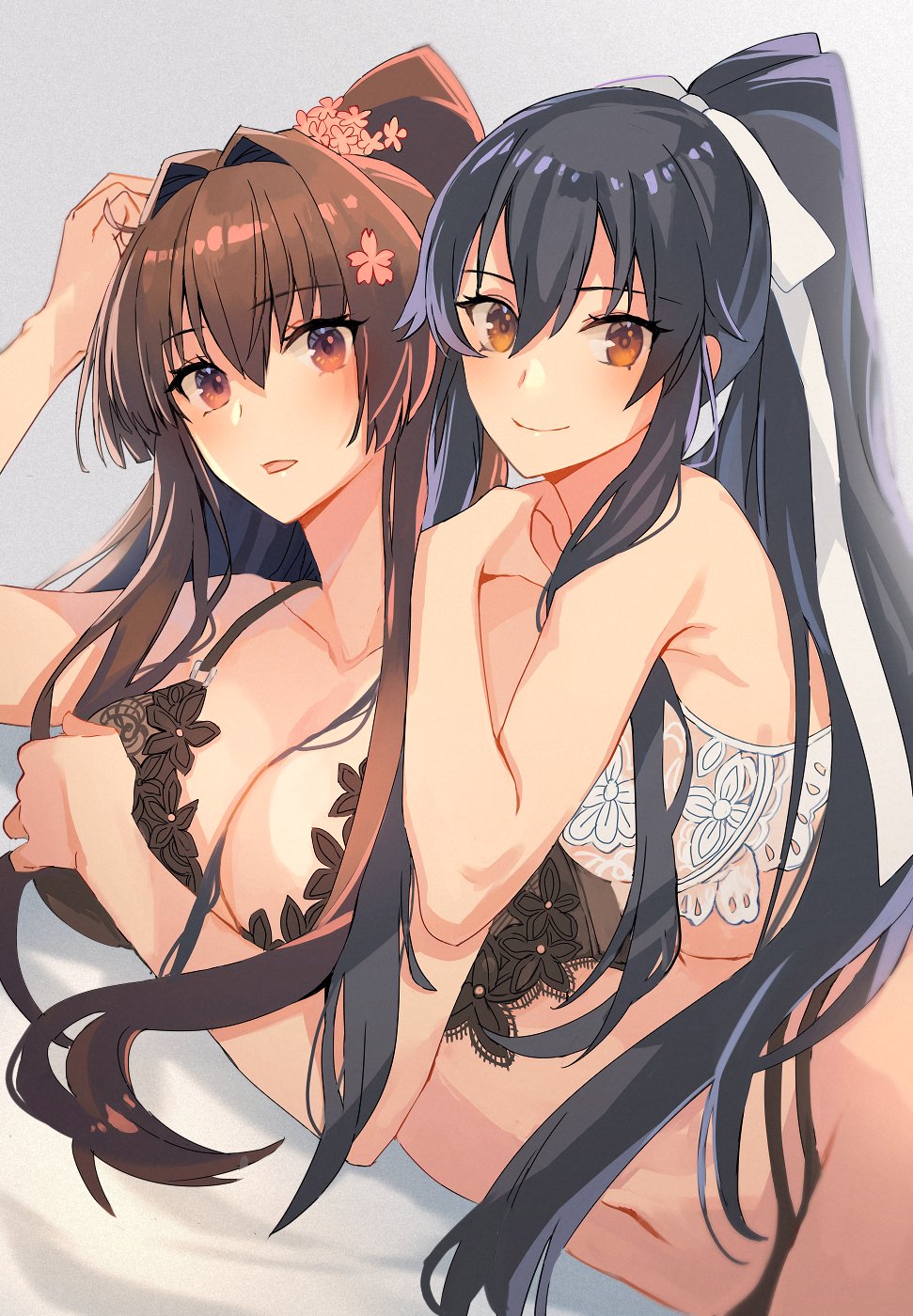 2girls, alternate_costume, arm_support, black_bra, black_hair, bow, bra, breasts