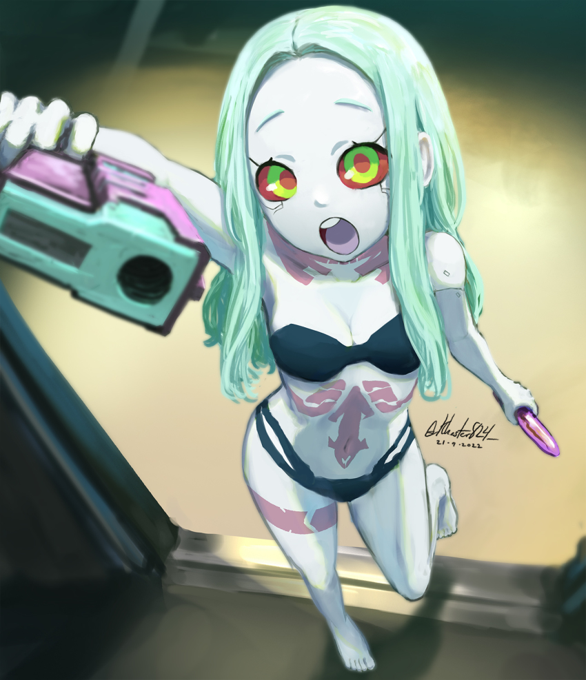 1girl, aiming, aiming_at_viewer, arm_up, artificial_eye, barefoot, black_bra, black_panties