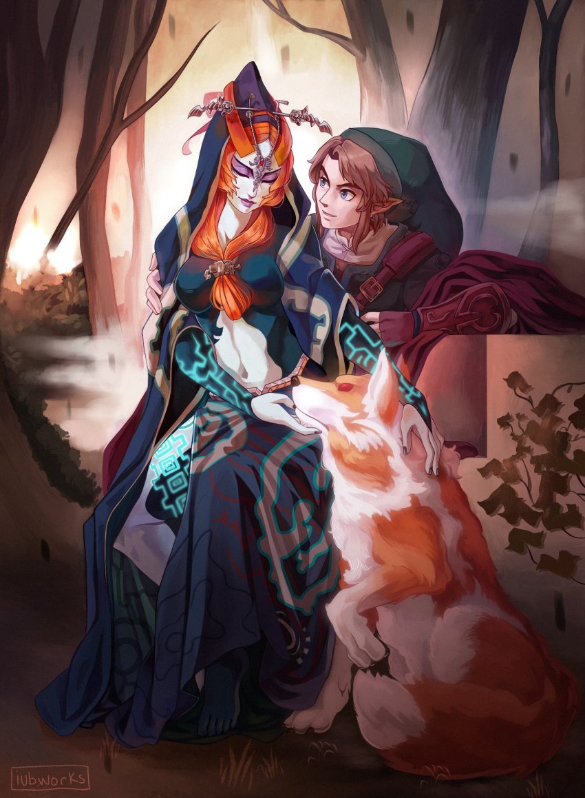 1boy, 1girl, ayuuniiart, bracer, breasts, closed_eyes, colored_skin, dog