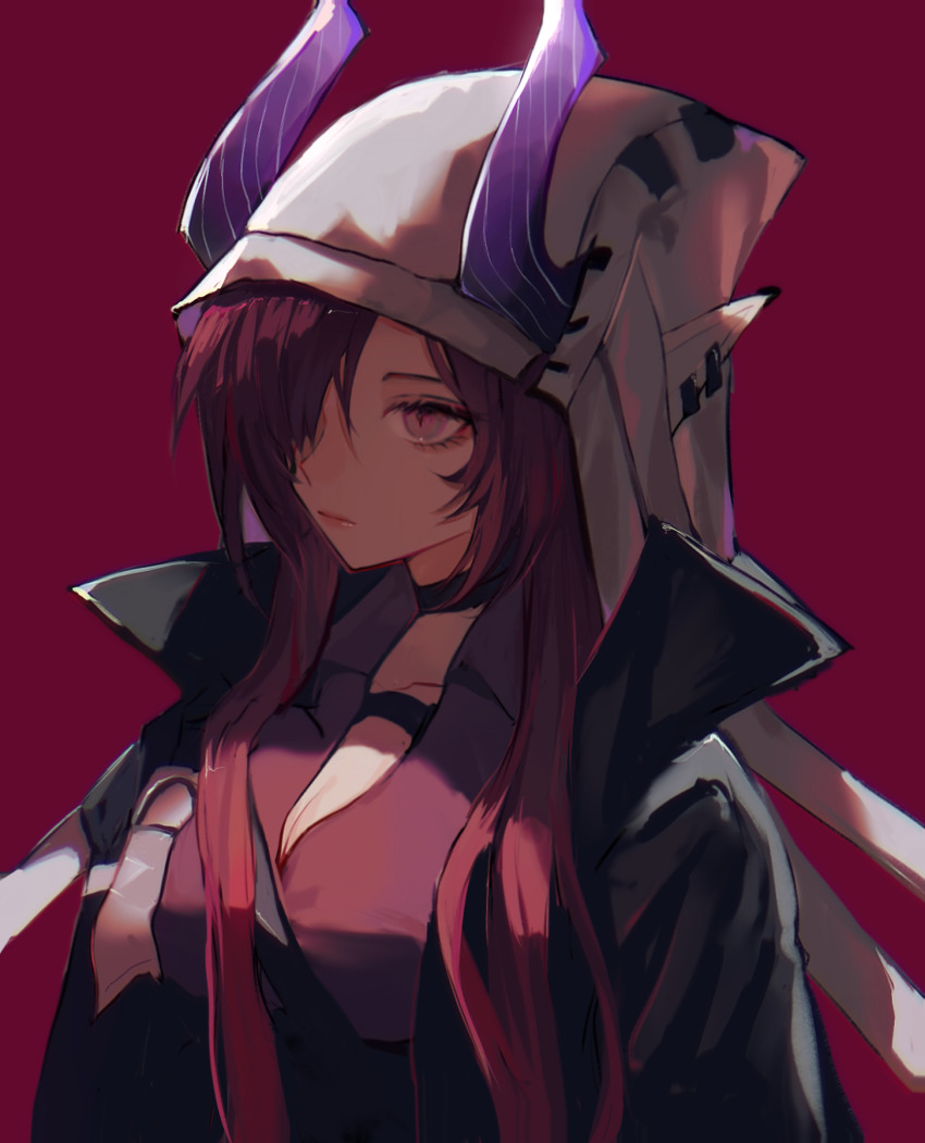 1girl, anpoai, arknights, ascalon_(arknights), black_jacket, breasts, cleavage, closed_mouth, expressionless, hair_over_one_eye, highres, hood, hood_up, horns_through_hood, jacket, large_breasts, lips, long_hair, open_clothes, open_jacket, purple_eyes, purple_shirt, red_background, red_hair, shirt, simple_background, solo, upper_body, very_long_hair